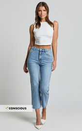 Imelda Jeans - Mid Waist Frayed Hem Recycled Denim Crop Straight Leg ...