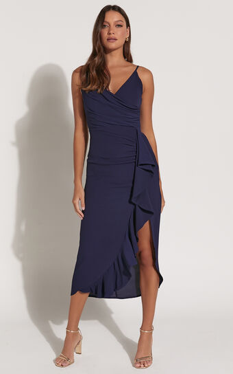 Aylene Midi Dress - Draped Ruffle Split Dress in Navy