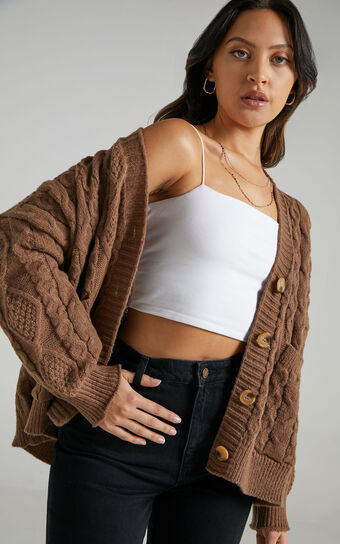 Betty Button Up Cable Knit Cardigan in Chocolate