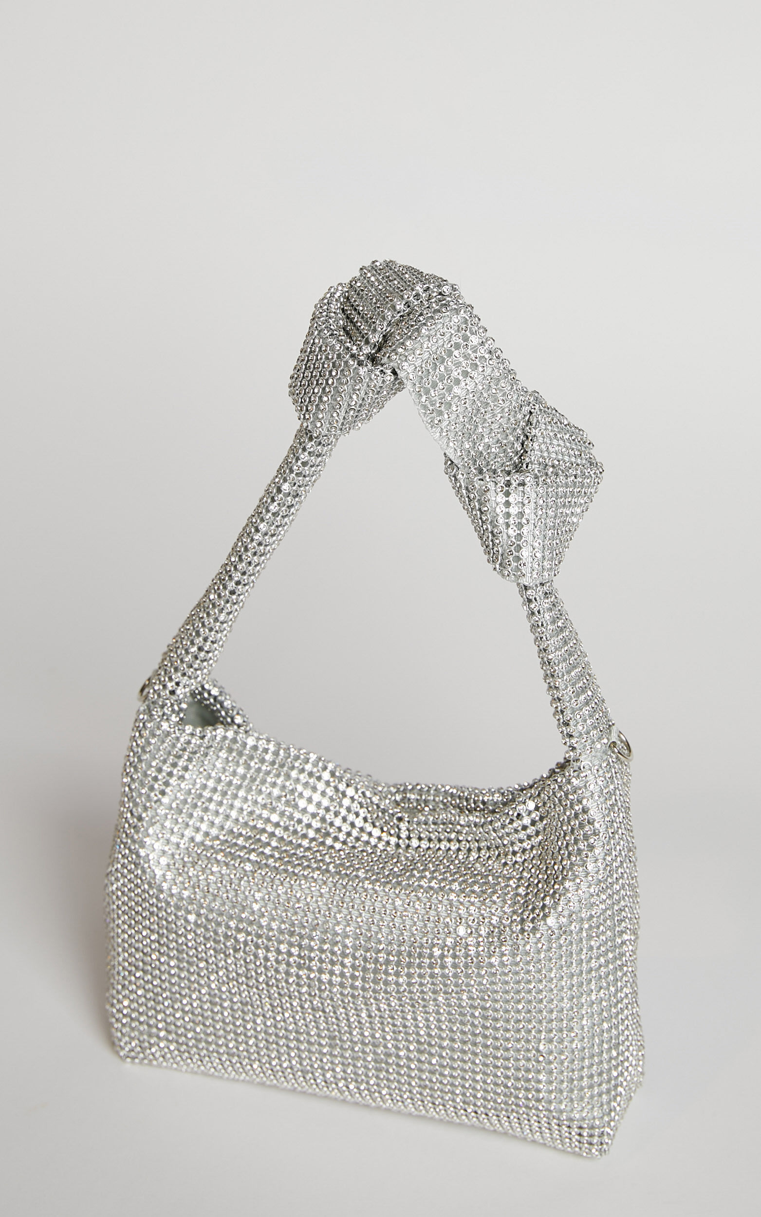 Andreanne Mesh Diamante Knot Bag in Silver Showpo