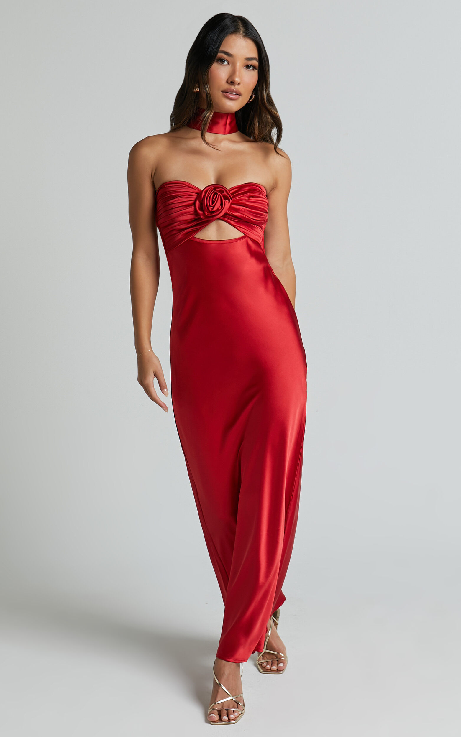Cady Maxi Dress - Ruched Bust Rosette Detail Satin Dress in Red | Showpo