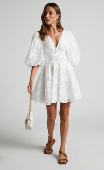 Jammae Mini Dress - Puff Sleeve Dress in White