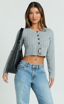 Primrose Cardigan - Recycled Cable Knit Crop Cardigan in Grey