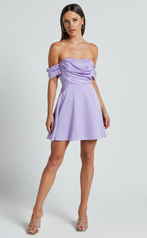 Clarinde Mini Dress - Off Shoulder Gathered Bodice in Lilac