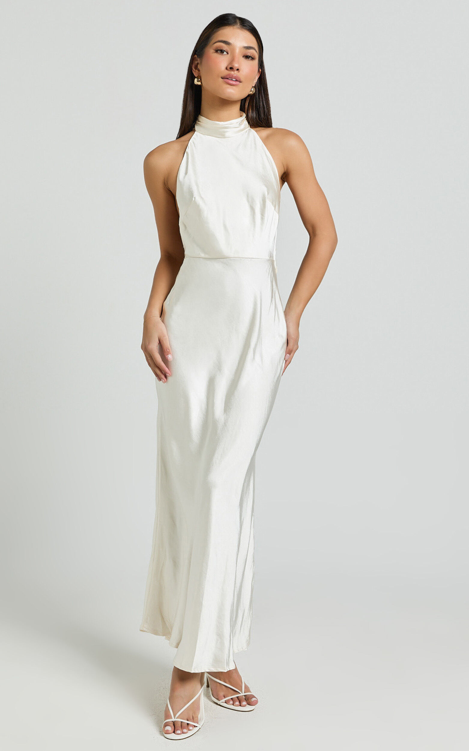 Cassie Midi Dress High Neck Sleeveless Backless Slip Dress in Champagne Showpo