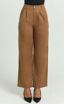 Celenia Linen Blend Pants - High Waisted Wide Leg Pants in Tobacco