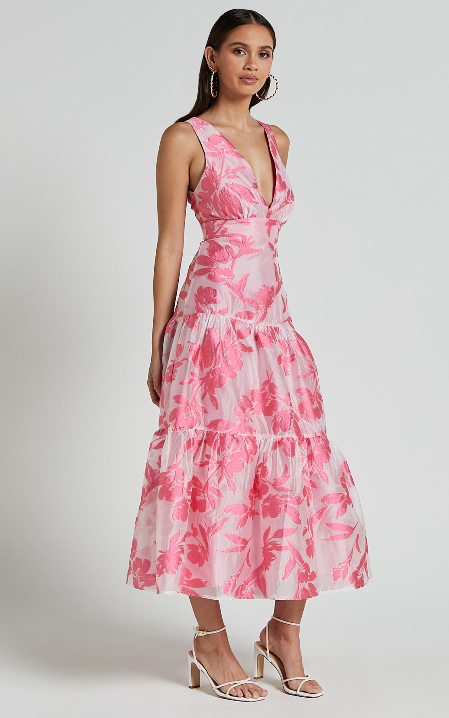 Reba Midi Dress - V Neck Tiered Jacquard Dress in Pink | Showpo USA