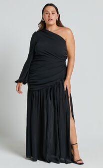Grittah Midi Dress - One Shoulder Bishop Sleeve High Split Ruched Dress in Black
