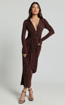 Melanie Midi Dress - Plunge Long Sleeve Tie Front Dress in Chocolate