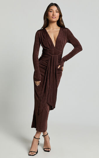 Melanie Midi Dress - Plunge Long Sleeve Tie Front Dress in Chocolate