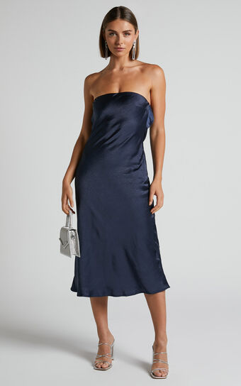 Charlita Midi Dress - Strapless Cowl Back Dress in Navy