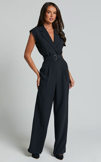 Chante Jumpsuit - V Neck Belted Wide Leg Jumpsuit in Black
