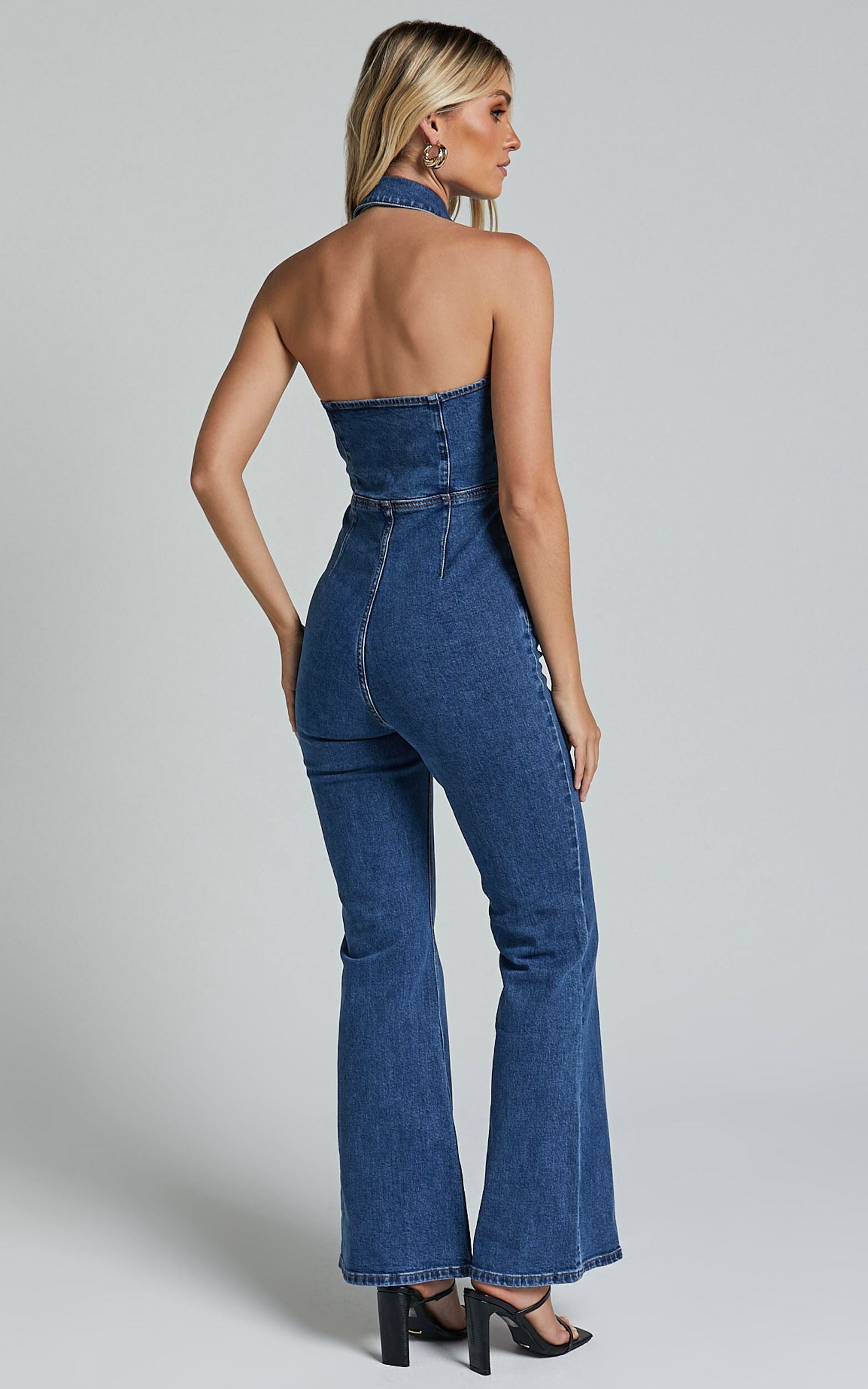 Casidy Jumpsuit Zip Front Collared Halter Neck Denim in Mid Blue Wash