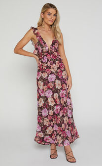 Alessa Midi Dress - V Neck Frill Detail Empire Waist Back Cut Out Dress in Wine Floral