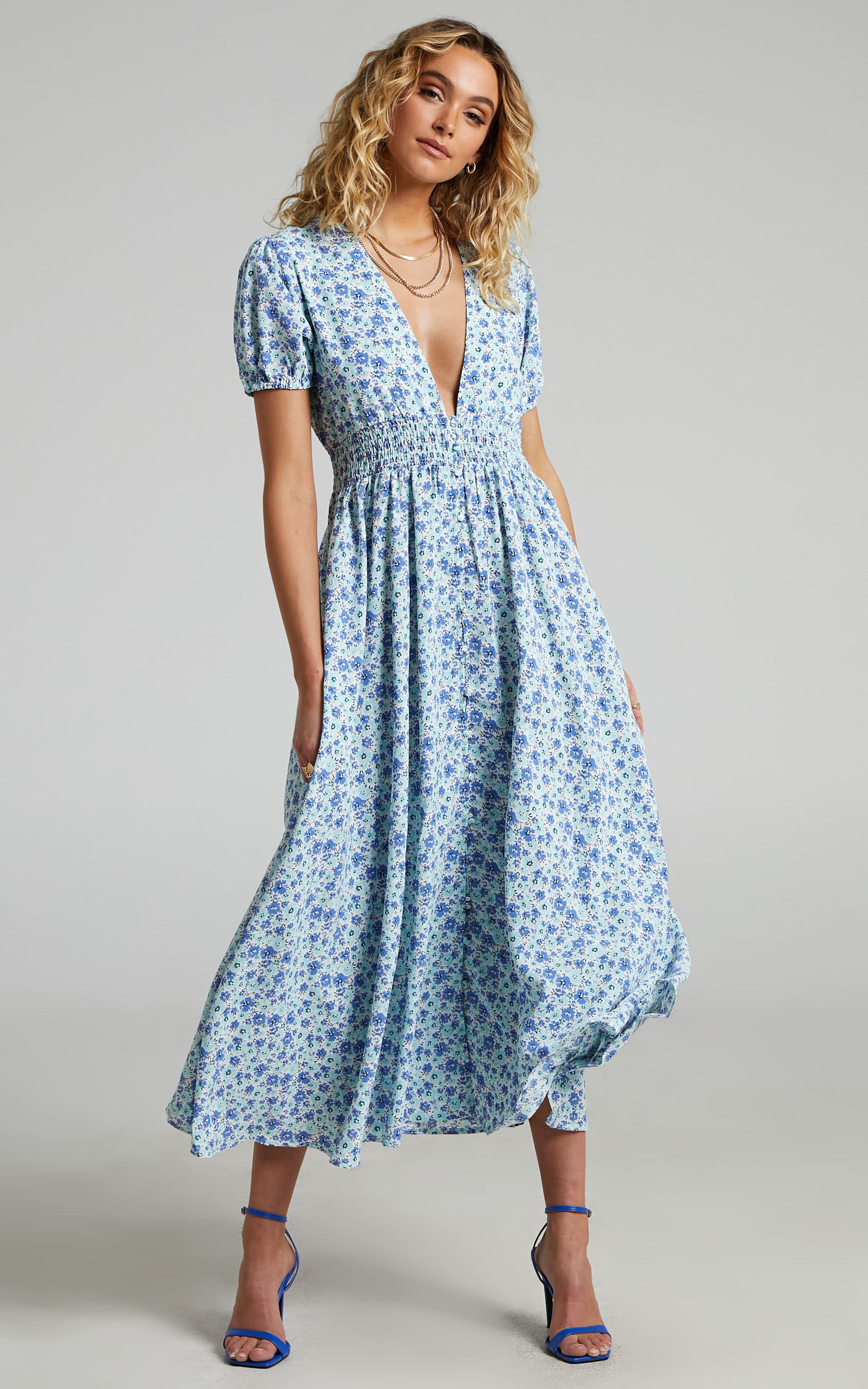 Elenita Midi Dress Short Sleeve Shirred Waist Dress in Blue