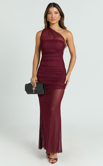 Leonie Maxi Dress - One Shoulder Mesh Dress in Wine