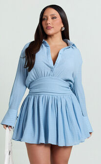 Valerie Mini Dress - Collared Long Sleeve Corset Waist Shirt Dress in Pale Blue