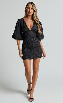 Miley Mini Dress - V Neck Bodycon Dress in Black