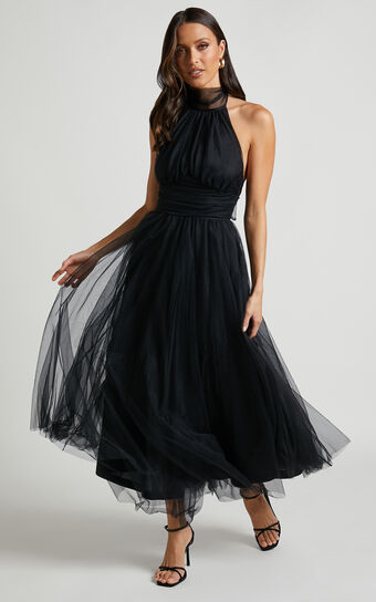 Eleonor Midi Dress - Halter Neck Bust Gathering Tulle Dress in Black No Brand
