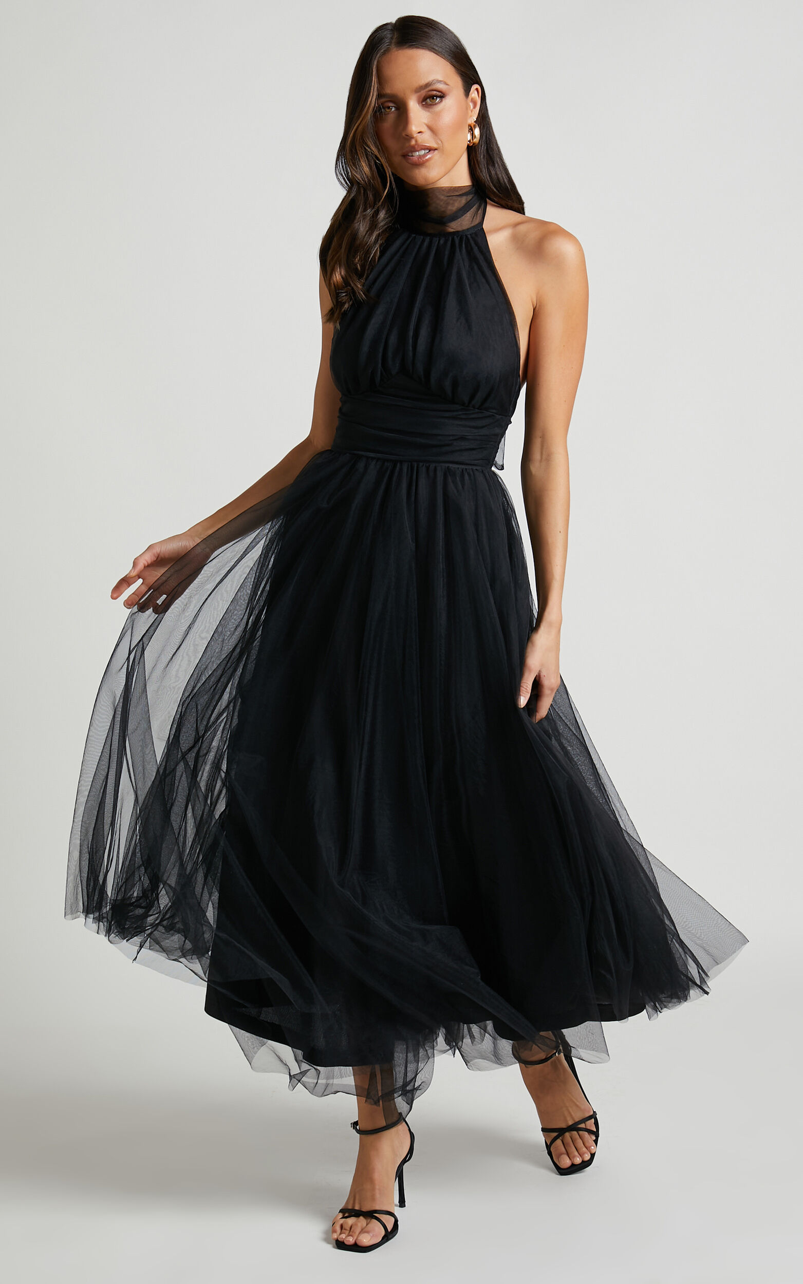 Eleonor Midi Dress - Halter Neck Bust Gathering Tulle Dress in Black - 06, BLK1