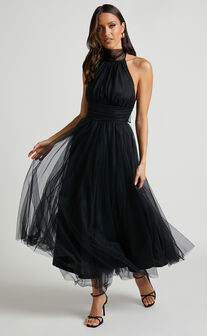 Eleonor Midi Dress - Halter Neck Bust Gathering Tulle Dress in Black