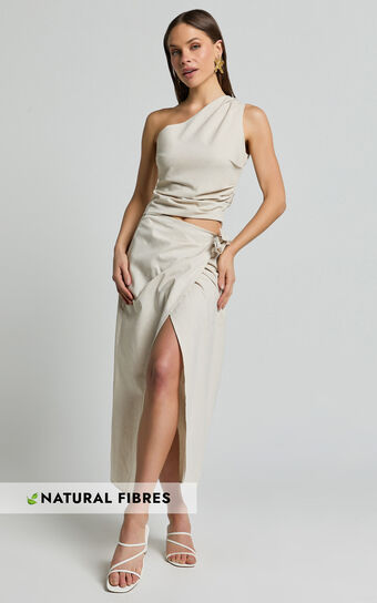 Genna Midi Skirt - Linen Look Wrap Skirt in Natural