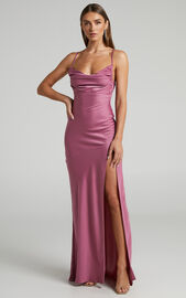 Ardent Maxi Dress - Cowl Neck Tie Back Satin Dress in Orchid | Showpo