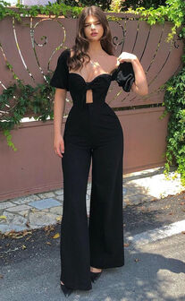 Maja Jumpsuit - Front Tie Off Shoulder Jumpsuit in Black