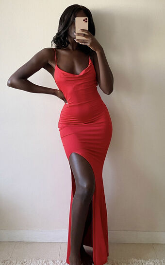 Tasteful Midi Dress - Cowl Neck Bodycon Thigh Split Dress in Red