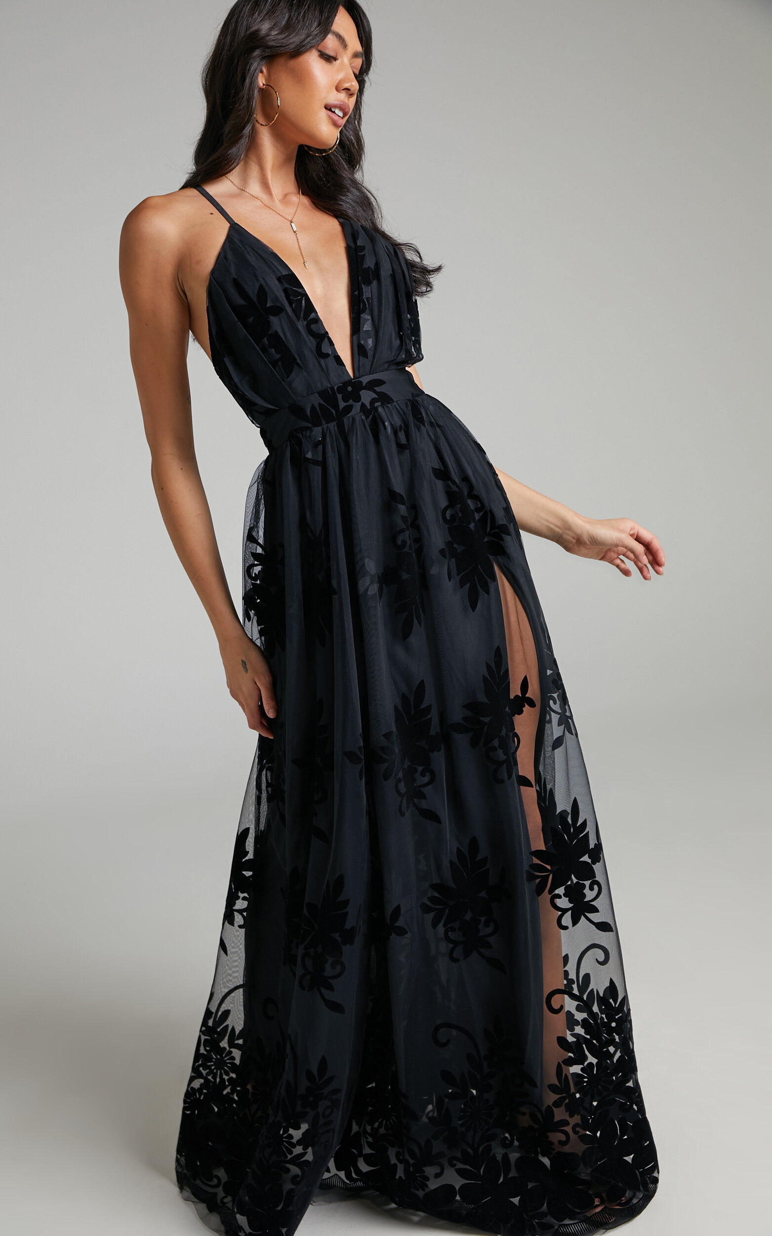 Marissa Velvet Applique Tulle Plunge Maxi Dress in Black