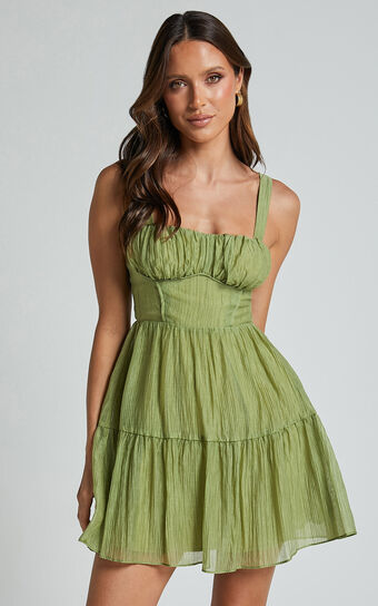 Alva Mini Dress - Sleeveless Ruched Bust Tiered Dress in Sage