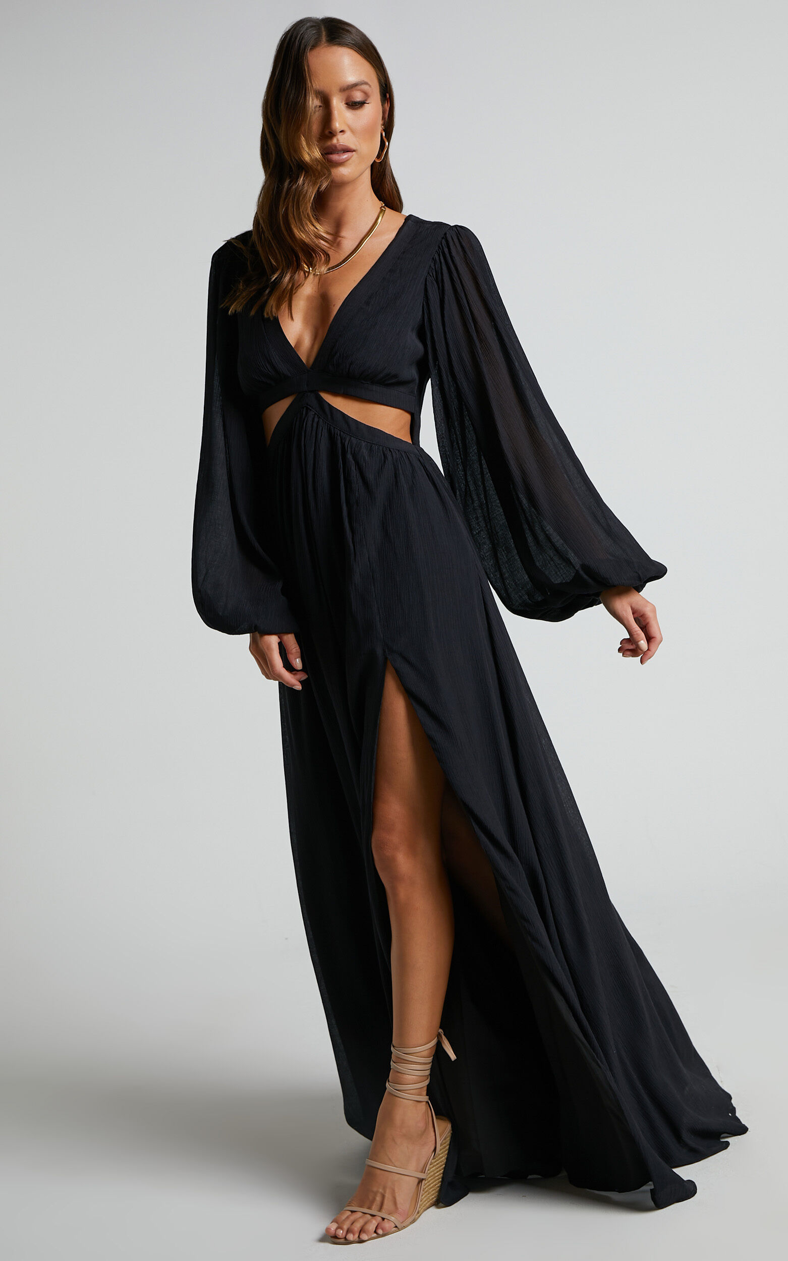 Paige Maxi Dress Side Cut Out Balloon Sleeve Dress in Black Showpo EU