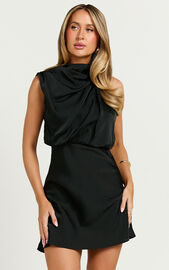 Schantal Mini Dress - Drape Neck Satin Slip Dress in Black | Showpo