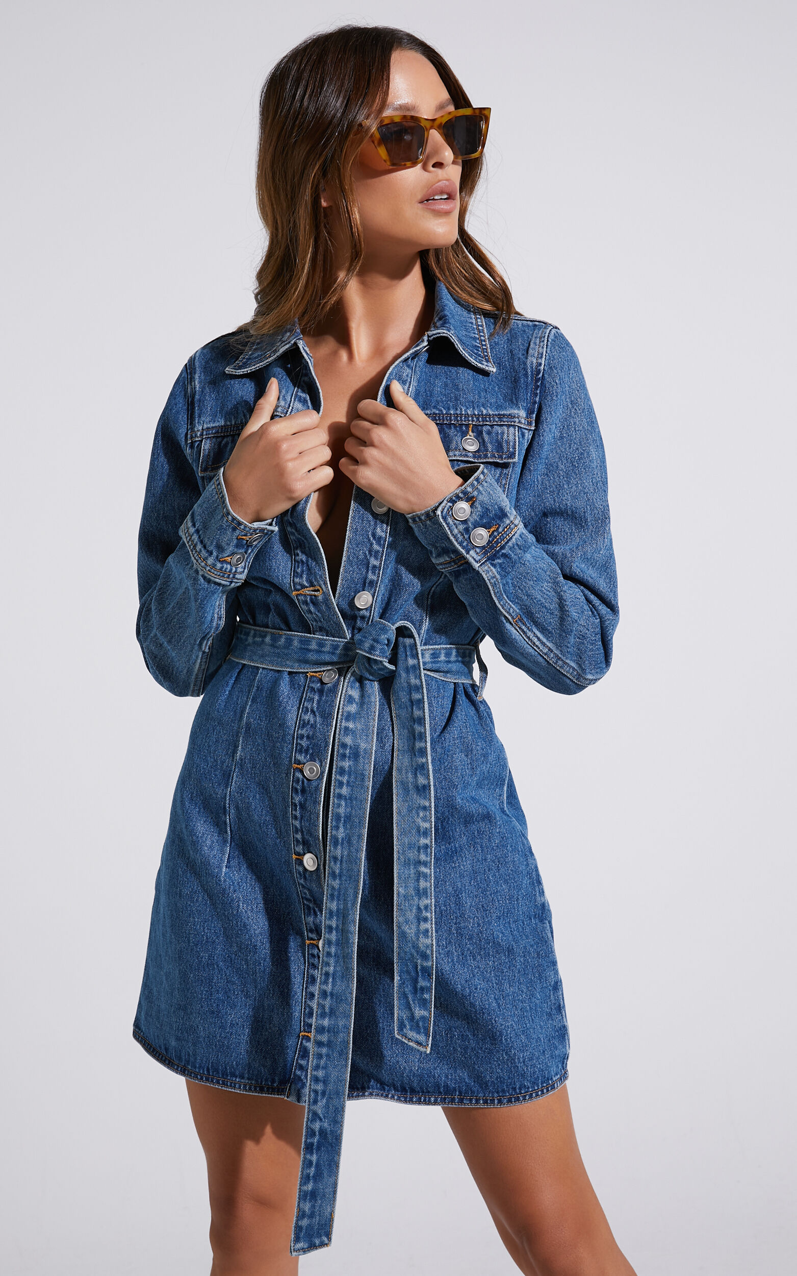 Enriquetta Mini Dress Cotton Denim Long Sleeve Button Up Dress in Blue Showpo USA