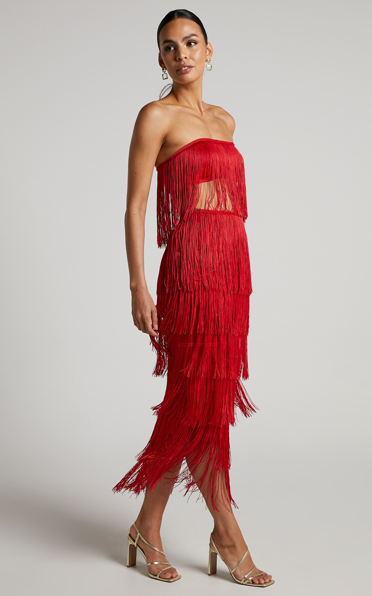 Amalee Two Piece Set Fringe Strapless Crop Top and Midi Skirt Set in Red Showpo USA