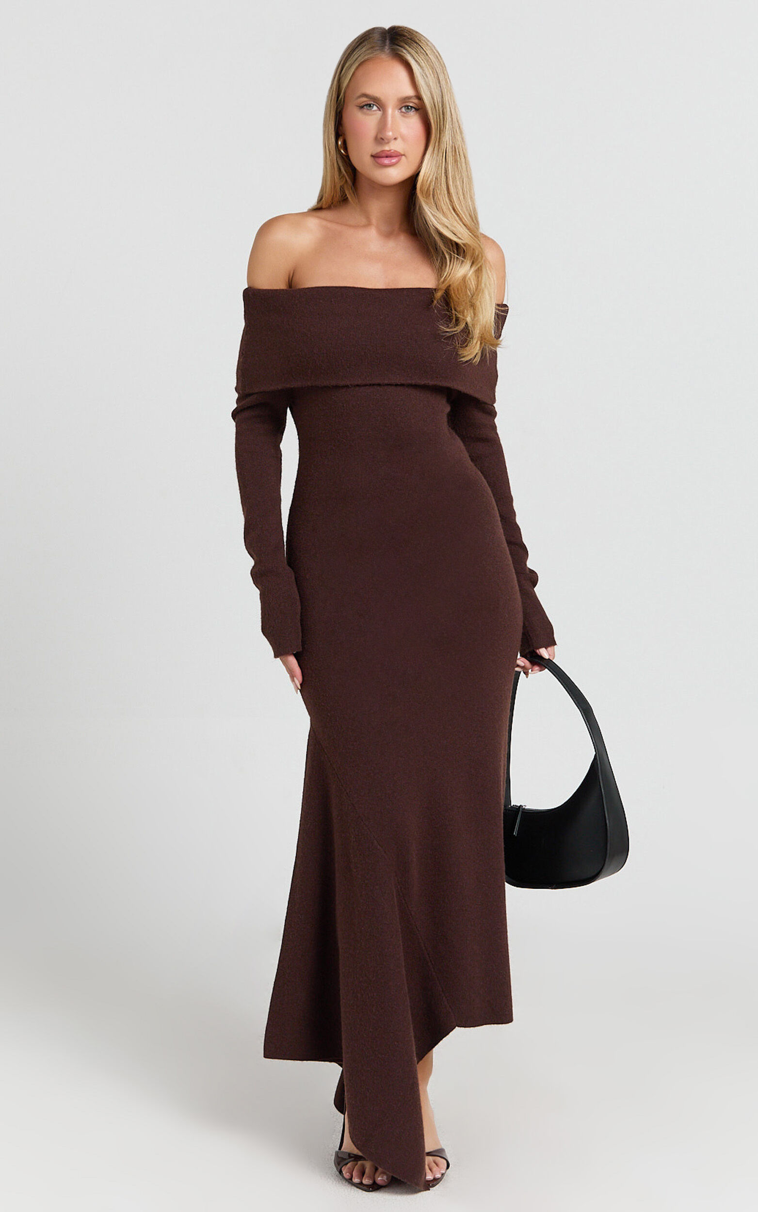 Karina Midi Dress - Long Sleeve Folded Off Shoulder Asymmetric Dress in Chocolate - 06, BRN1