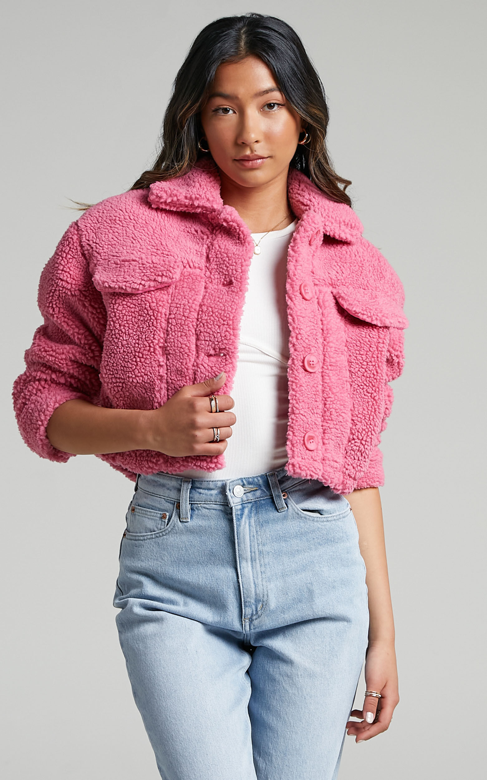 Cha Chi Button Up Teddy Jacket in Pink Showpo NZ