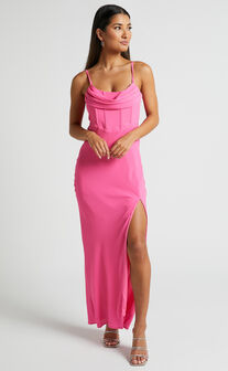 Blair Midi Dress - Corset Detail Thigh Split Dress in Pink