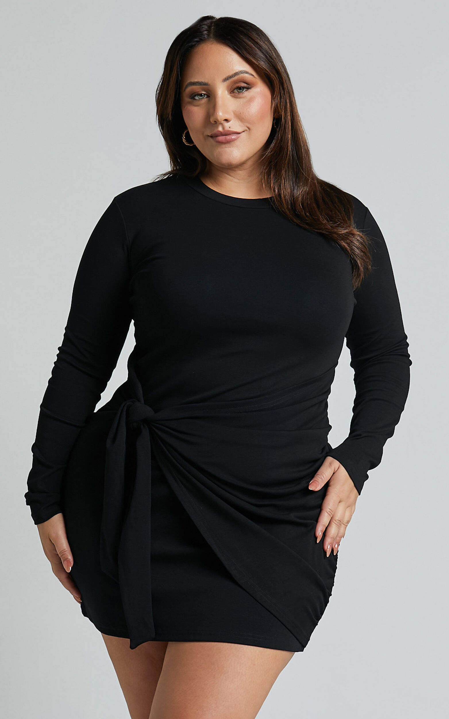 Marleen Mini Dress - Wrap Front Long Sleeve Bodycon Dress in Black | Showpo