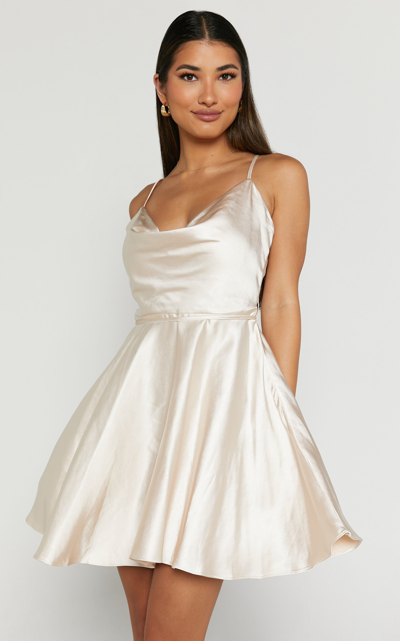 Thessy Mini Dress Strappy Cowl Neck A Line Dress in Champagne