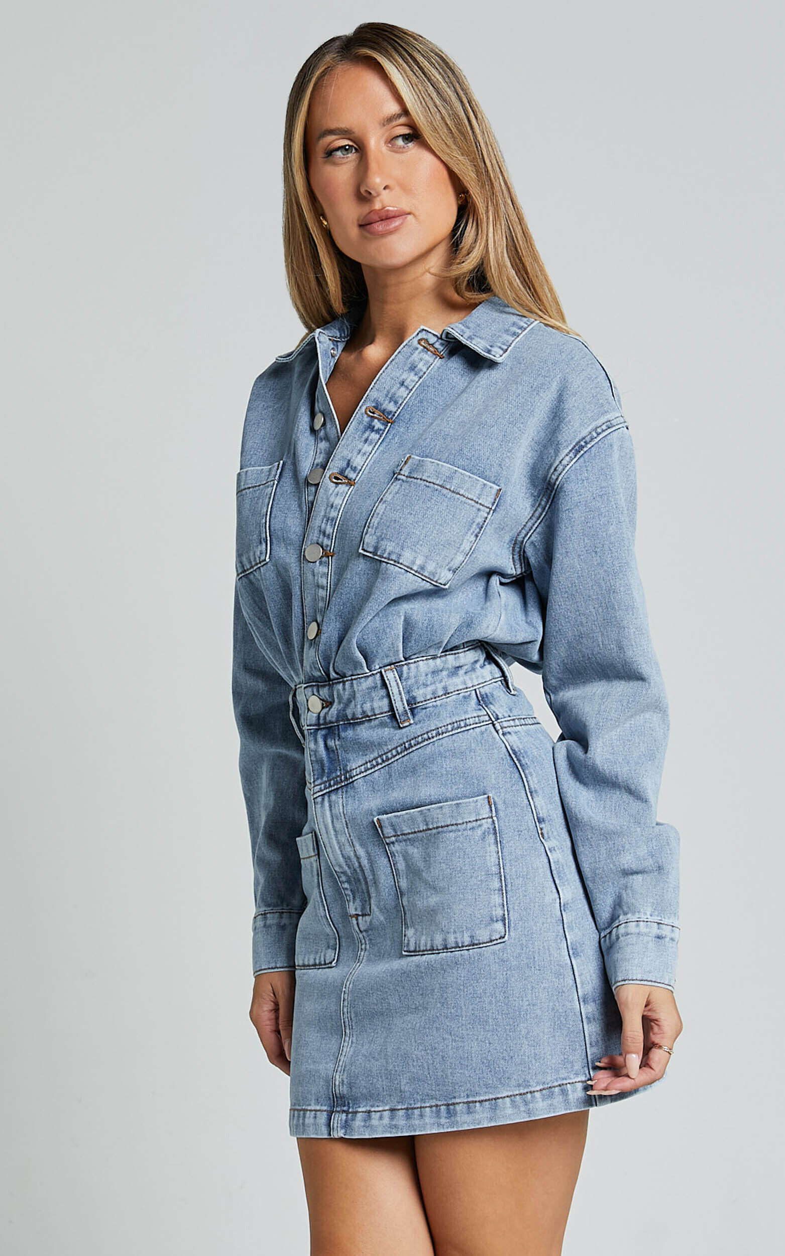 Kamala Mini Dress Long Sleeve Button Through Denim Dress in Light Blue Wash