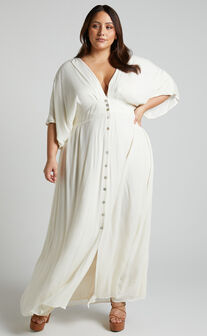 Sitting Pretty Maxi Dress - Short Sleeve Button Down Dress in Natural