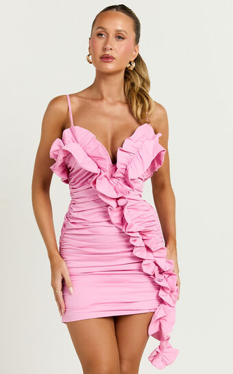 Dawson Mini Dress - Off Shoulder Ruffle Front Ruched Dress in Dusty ...