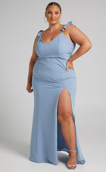 More Than This Midi Dress - Ruffle Strap Thigh Split Dress in Light Blue