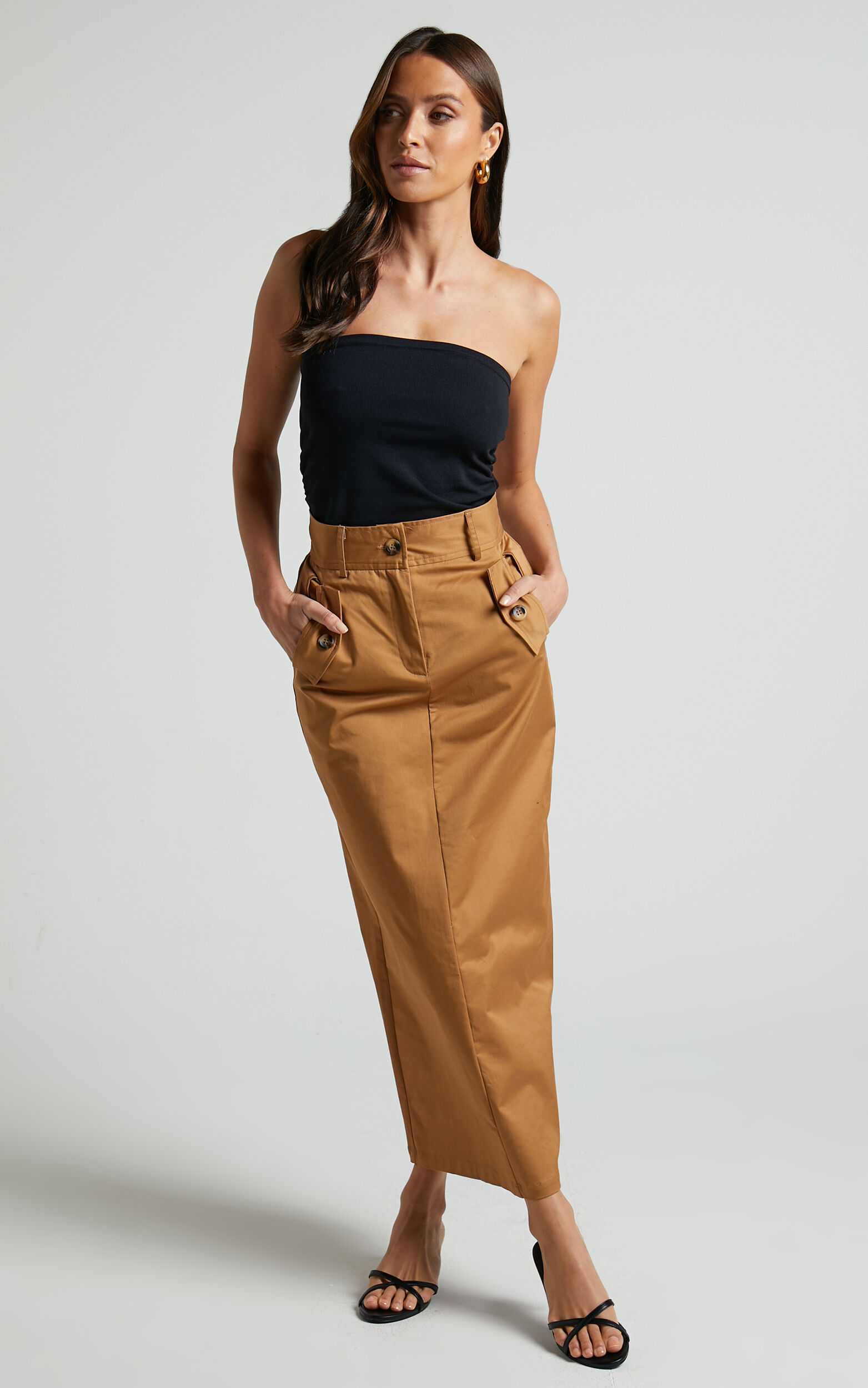 Anna Midi Skirt - High Waisted Cargo in Camel - 06, BRN1