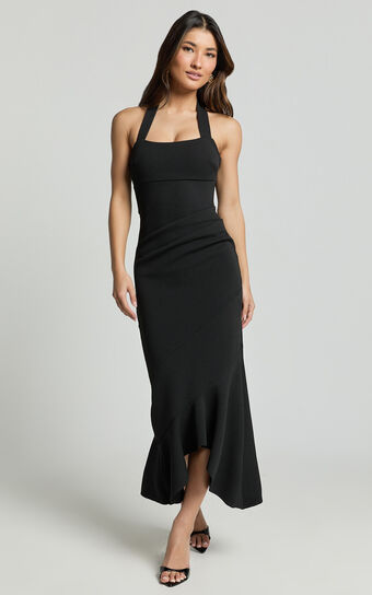 Maris Midi Dress - Full Length Halter Tie Neck Dress in Black