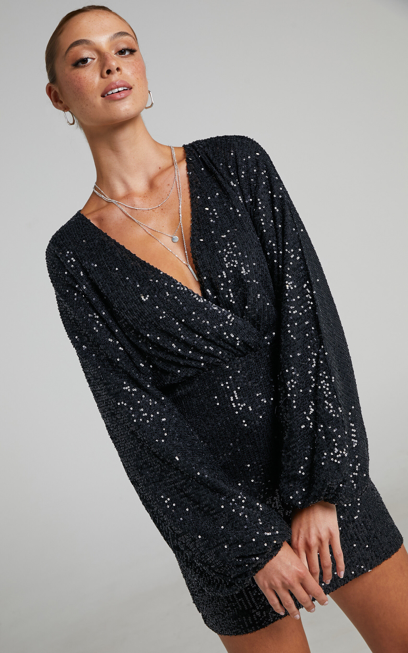 Long sleeve black sequin mini dress store
