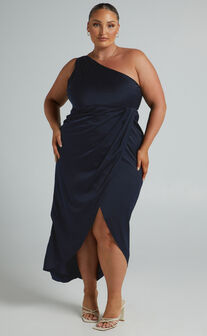 Felt So Happy Midi Dress - One Shoulder Drape Dress in Navy