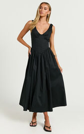 Beckett Midi Dress - Scoop Neck Drop V Waist Gathered Skirt Dress in ...