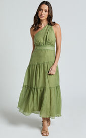 Edeline Midi Dress - One Shoulder Twist Tiered Dress in Olive | Showpo NZ
